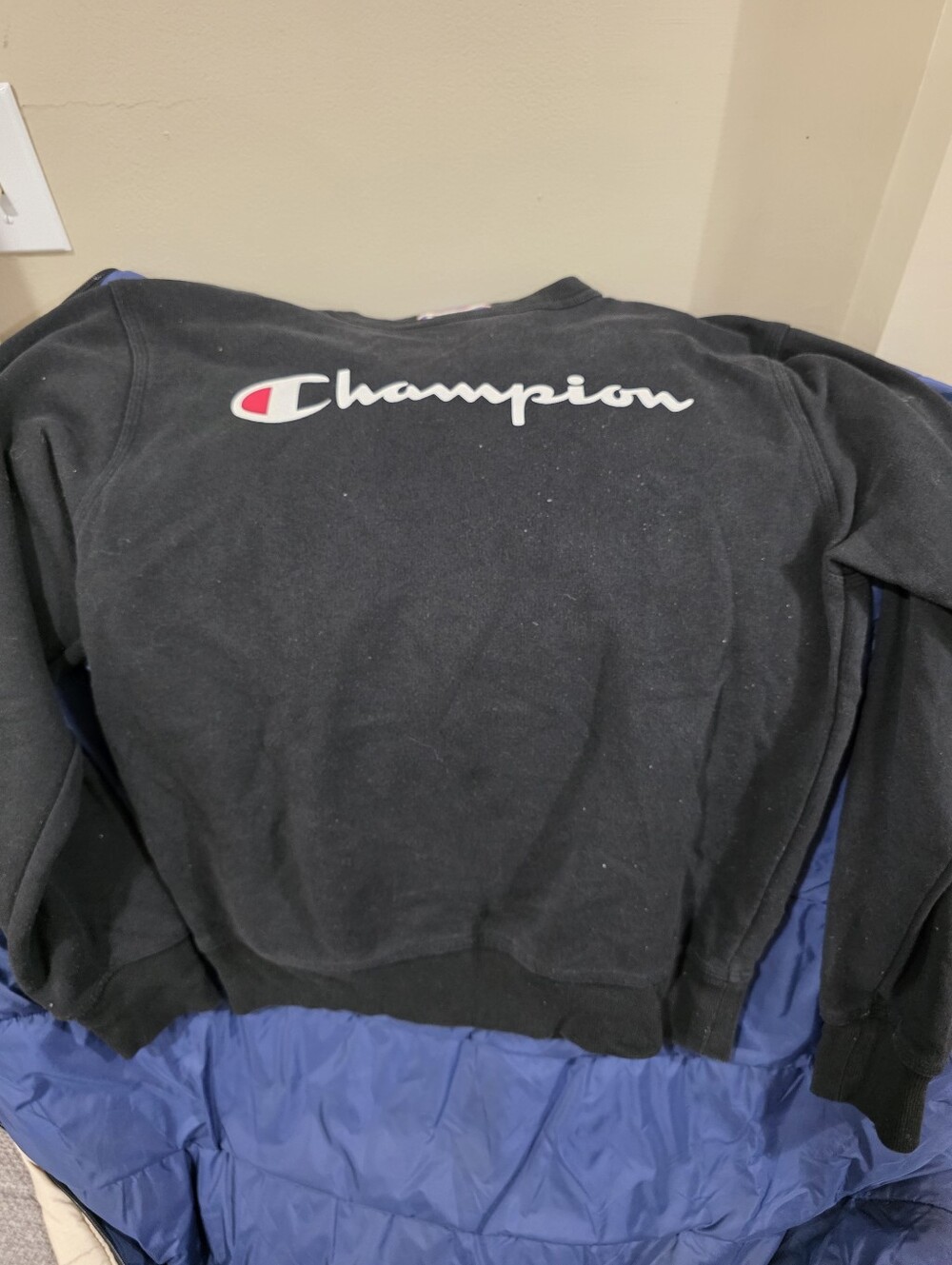 Champion Black Crewneck with Red and Blue Logo Accent